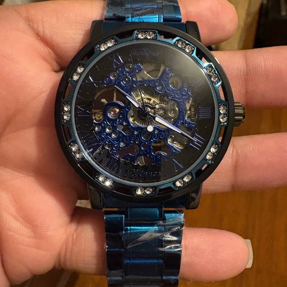 Blue Skeleton Dial Watch with Crystal Accents